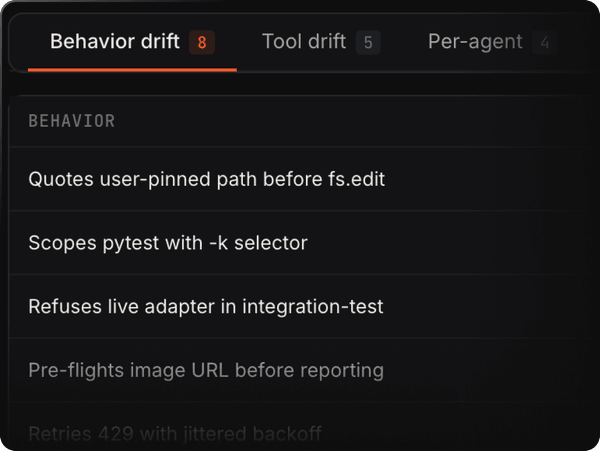 Bento behavioural-drift card — shows when an AI agent starts behaving differently across production runs.